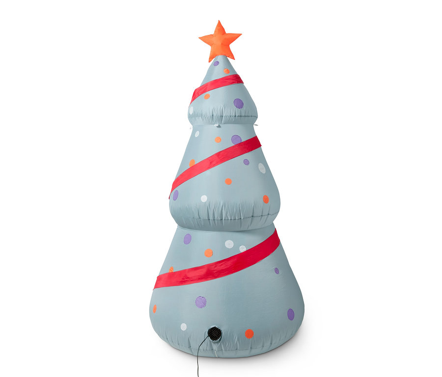 XXL LED-es felfújható karácsonyfa, piros szalaggal és színes pöttyökkel díszítve.