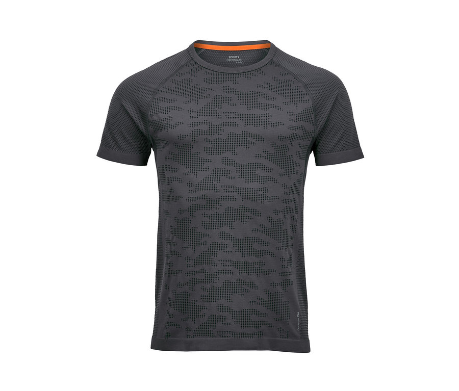 Szürke, rövid ujjú, perforált mintázatú Férfi klima-tec funkcionális sportfelső fehér háttérrel.