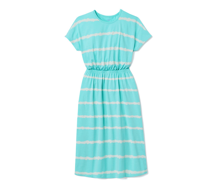 Kék, fehér csíkos dzsörzéruha.