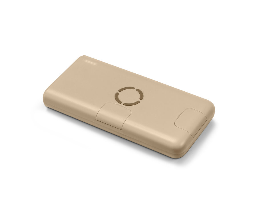 Bézs színű, vezeték nélküli powerbank.