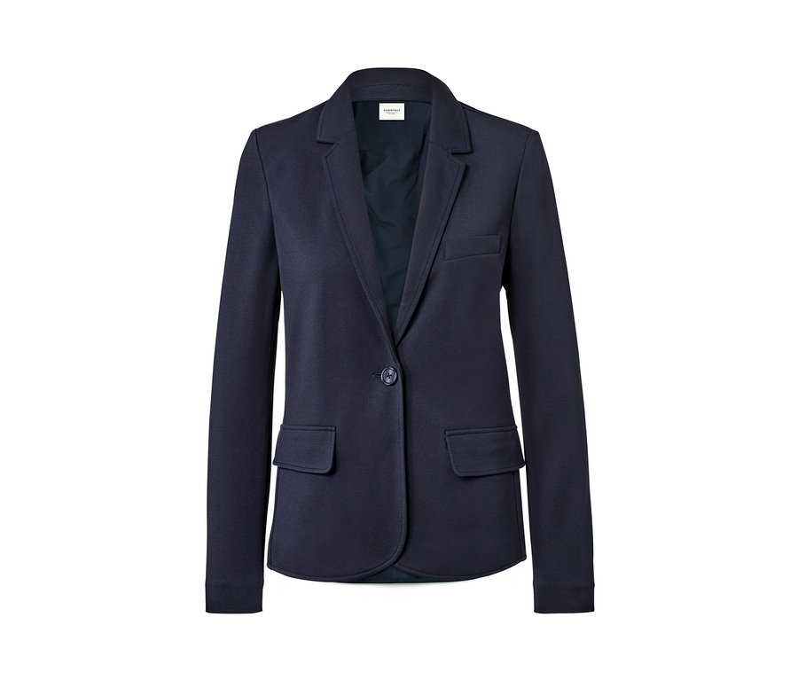Sötétkék női dzsörzé blézer.