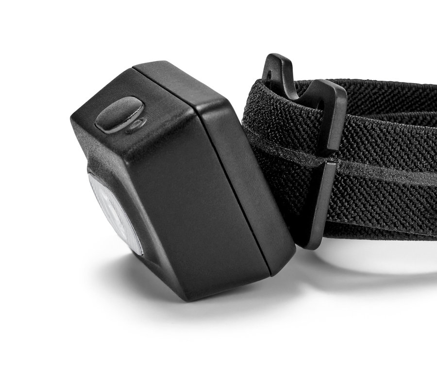 Egy fekete mini fejlámpa részlete.