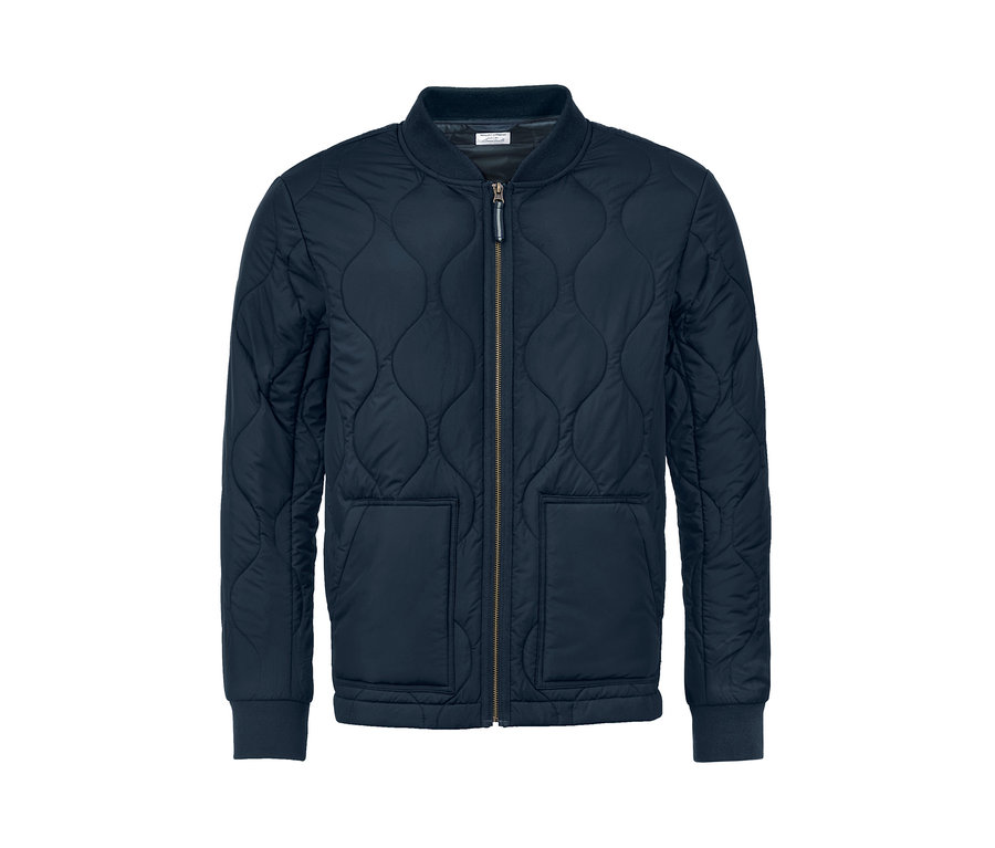 Sötétkék, hosszú ujjú, középen cipzáras steppelt dzseki.