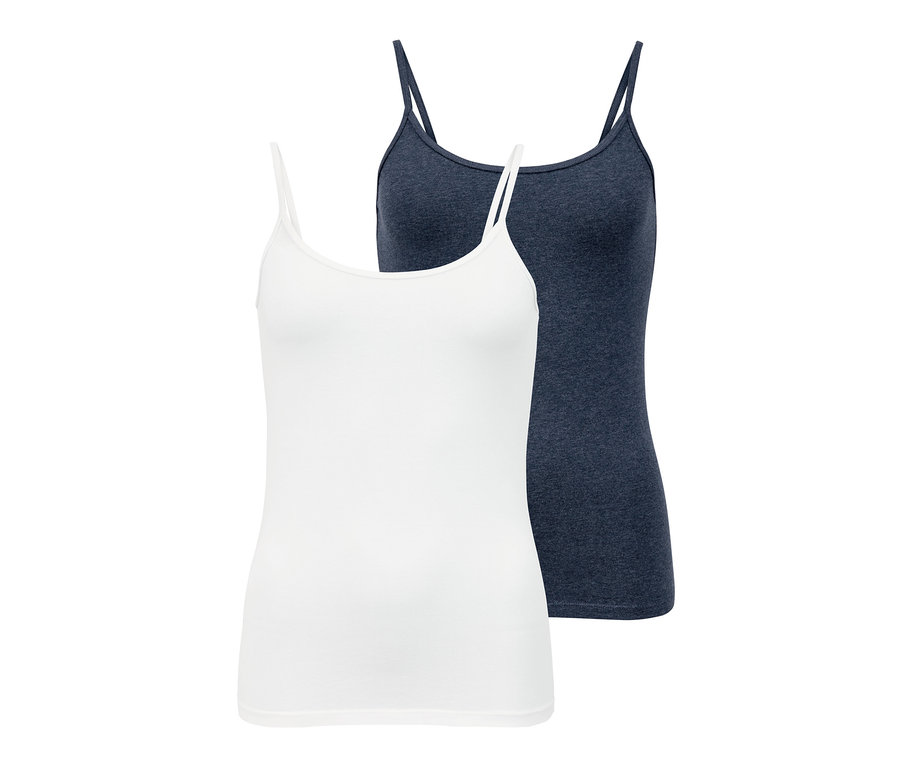 Két női trikó, egy fehér és egy kék színű, egymáson.