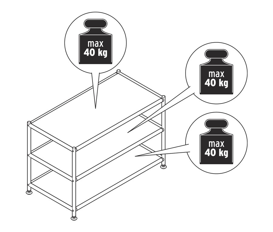 Vázlat egy CN3 fém dohányzóasztalról három polccal, maximum 40 kg terhelhetőséggel.