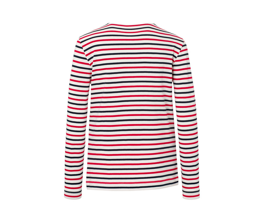 Női csónaknyakú felső, csíkos, piros/sötétkék.