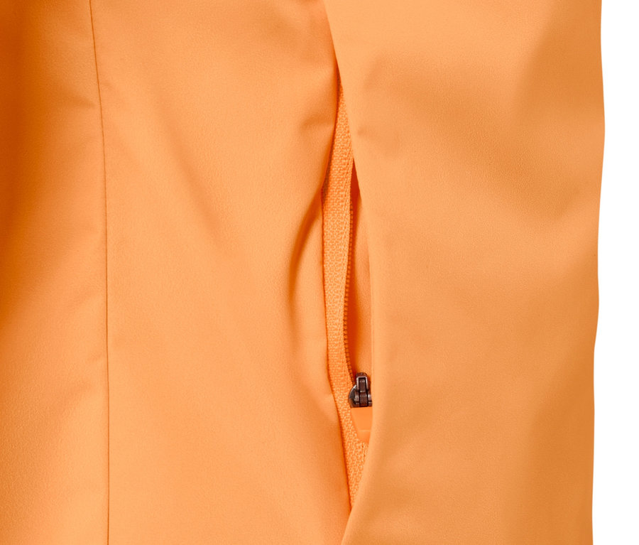 Egy neonnarancssárga, szélálló futódzseki részlete nyitott zsebbel.