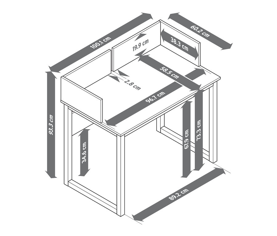 A szürke és fehér, oldalsó peremmel ellátott írókomód méretei.