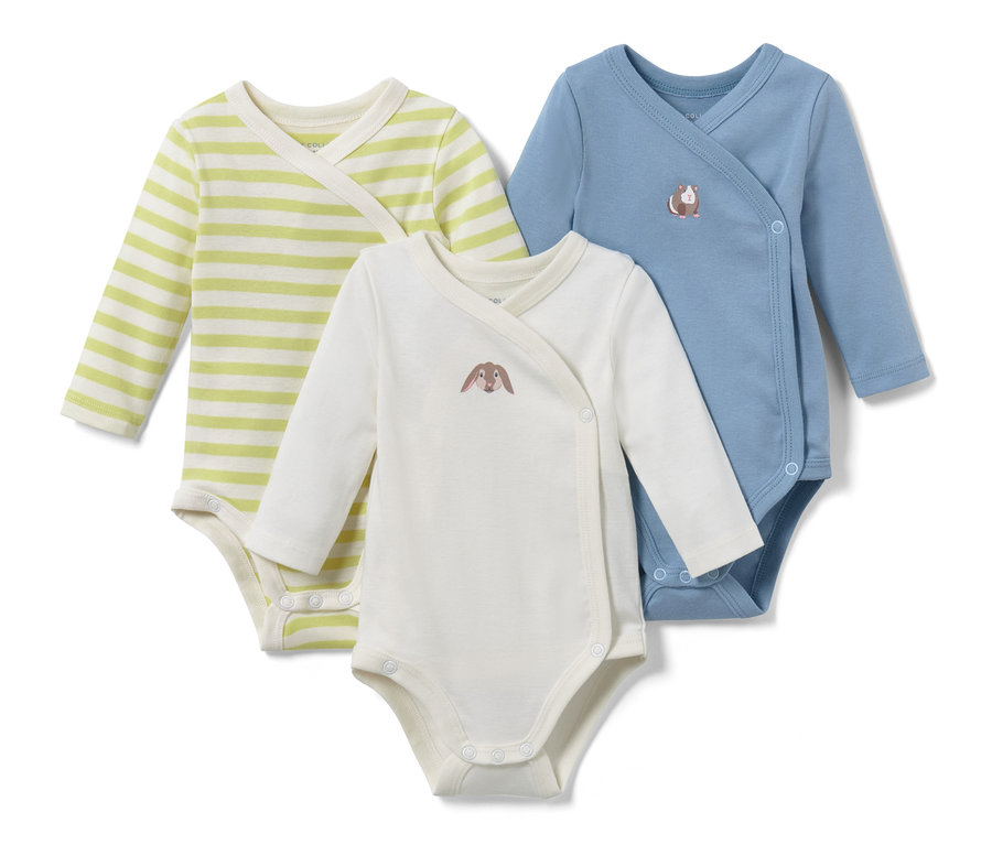 Három baba hosszú ujjú body: egy sárga-fehér csíkos, egy fehér nyuszival és egy kék tengerimalaccal.