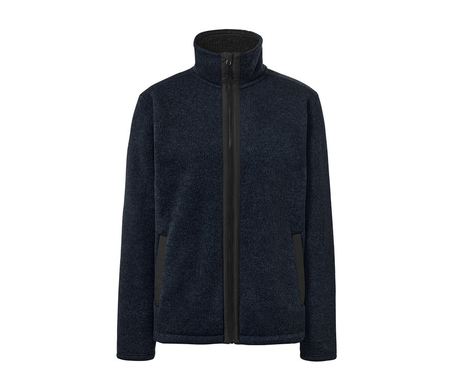 Egy sötétkék kötött polárfelső középen cipzárral.