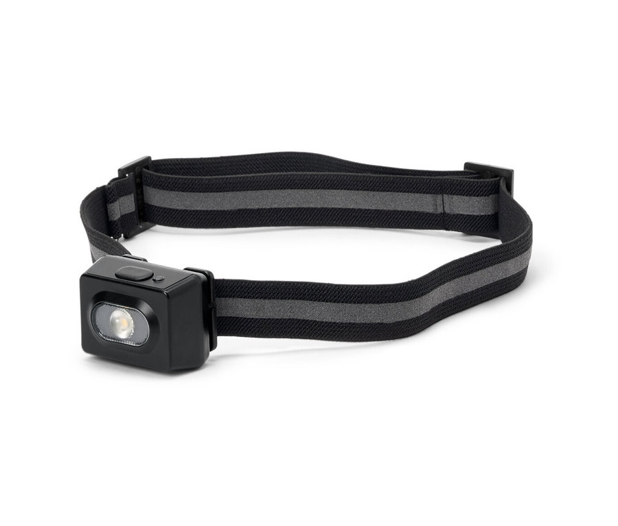 Fekete házú, szürke csíkos pánttal ellátott LED-es fejlámpa, akkus.