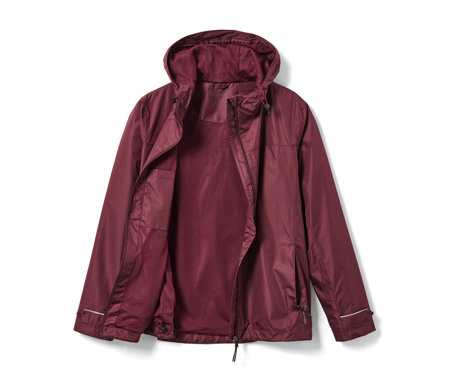 Bordó színű, cipzárral nyitott esőkabát.