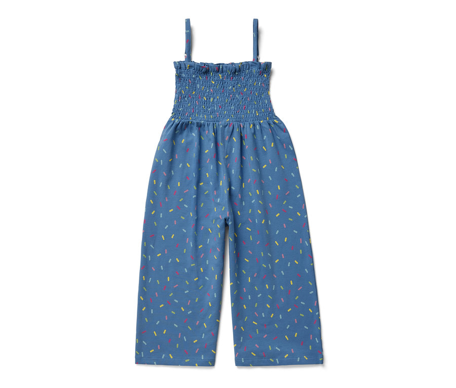 Kék, 7/8-os kezeslábas, színes mintával.