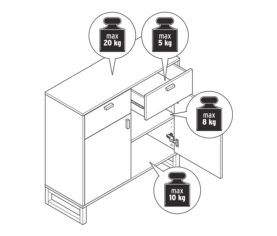 Egy fürdőszobai komód rajza 2 ajtóval és 2 fiókkal, a maximális terhelhetőség kilogrammban megadva.