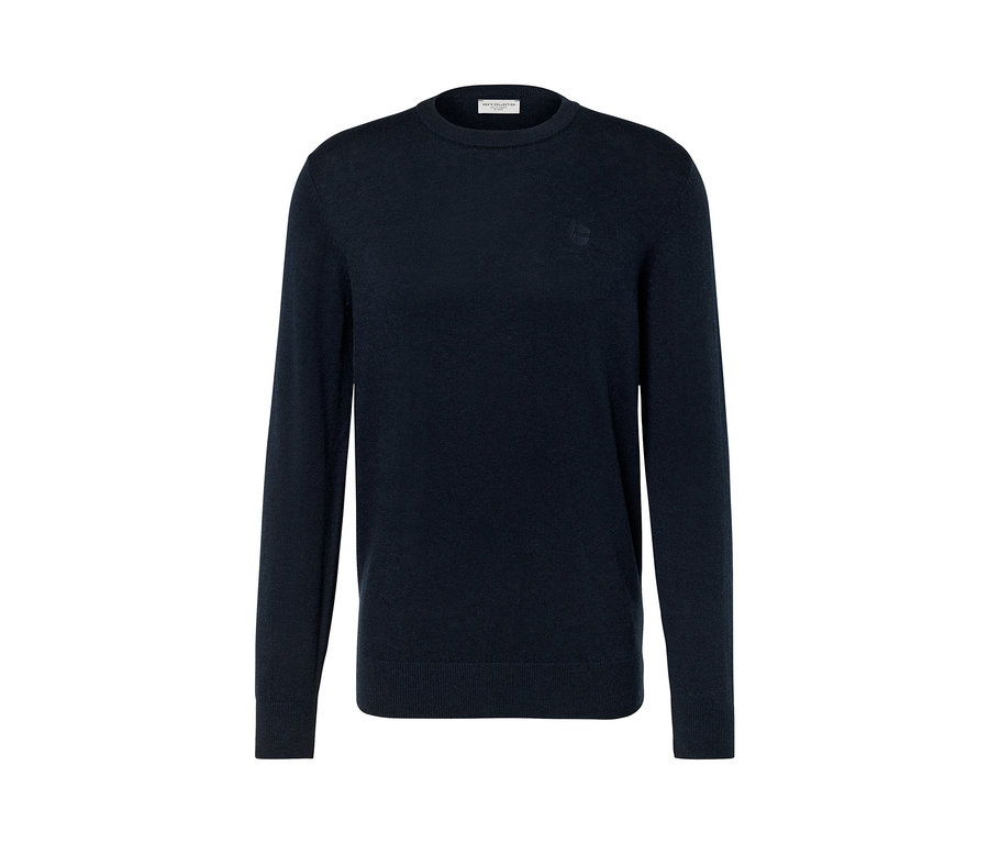 Sötétkék, kerek nyakú kötött pulóver.