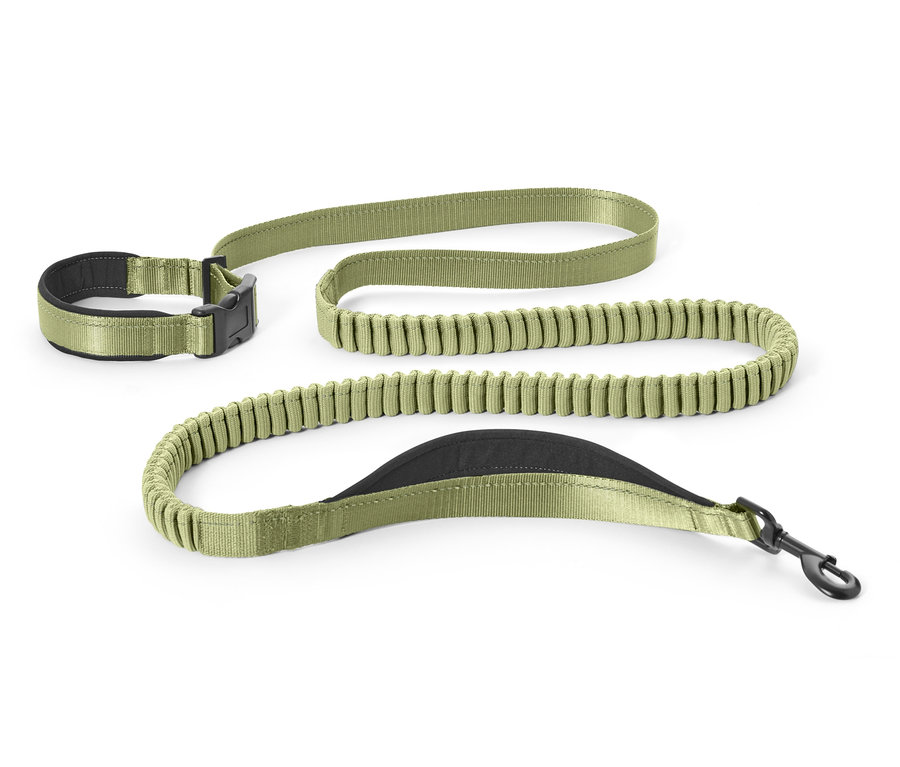 Egy zöld, állítható hosszúságú kutyapóráz fekszik egy fehér háttéren.