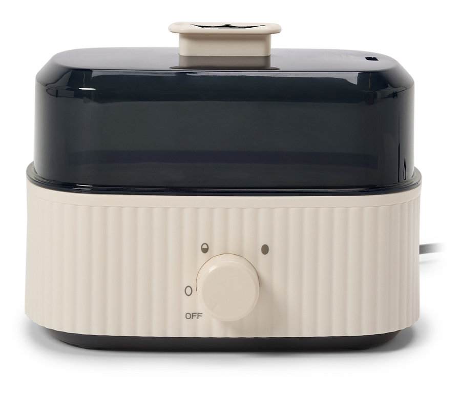 Fehér pároló fekete, átlátszó tartállyal és forgatógombbal.