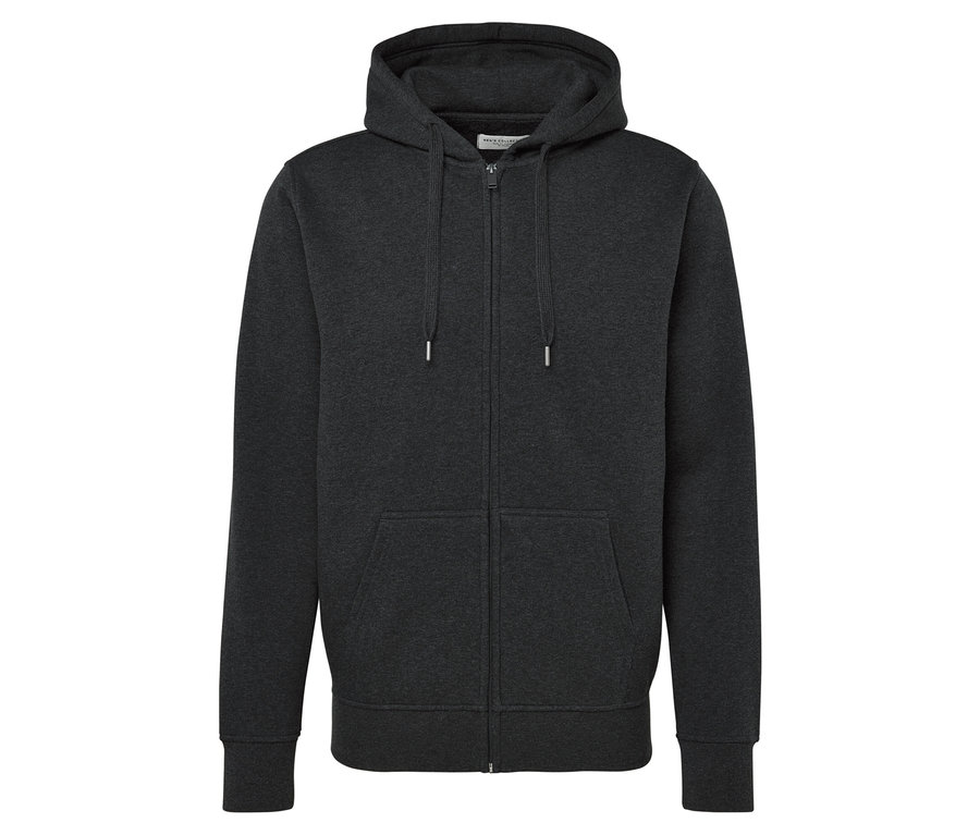 Szürke kapucnis pulóver cipzárral és kenguruzsebekkel.