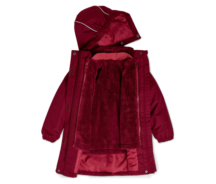 Kicipzárazott, bordó színű kabát kapucnival és plüss béléssel.