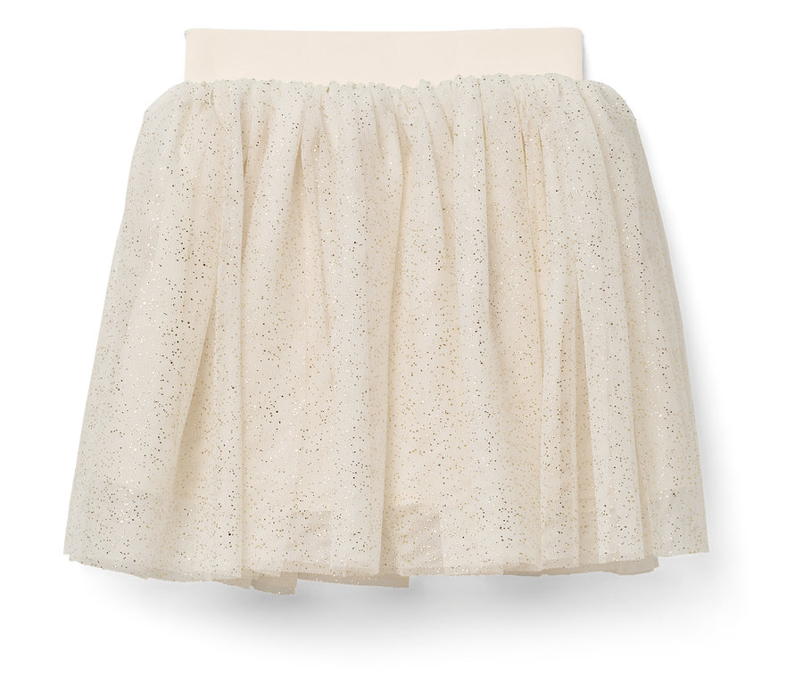 Egy fehér tüllszoknya elasztikus derékpánttal és csillogó részletekkel.