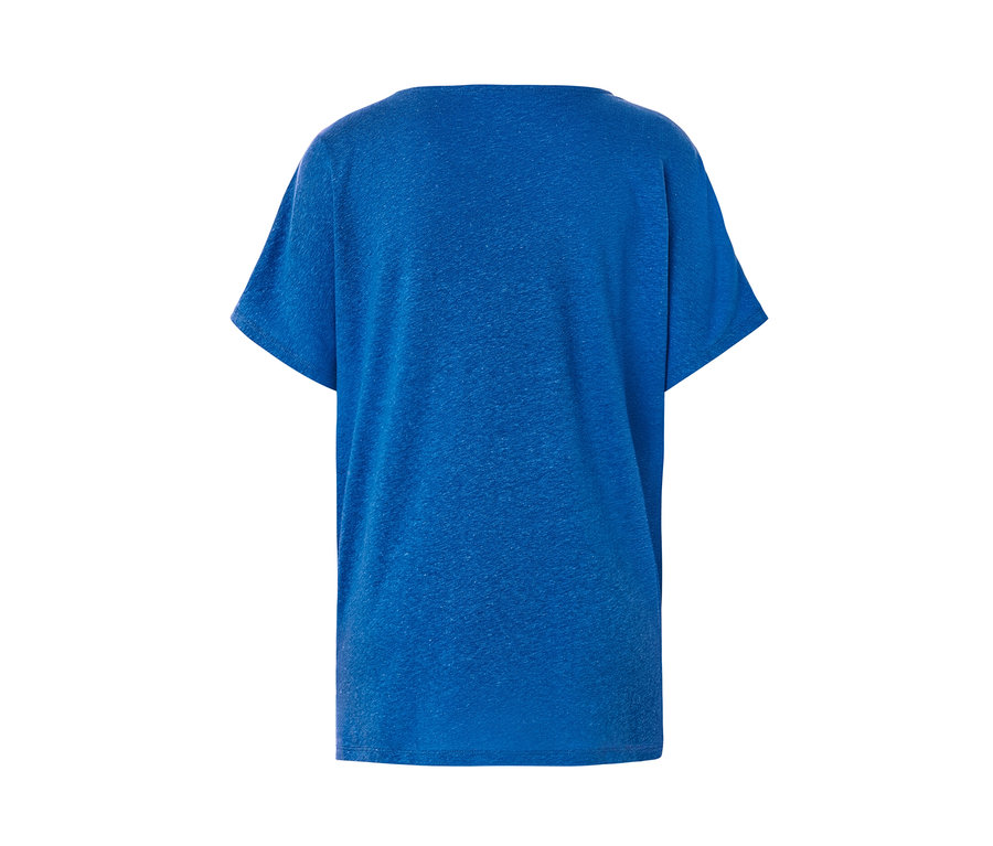 A kobaltkék, lenkeverék női póló hátulnézete.