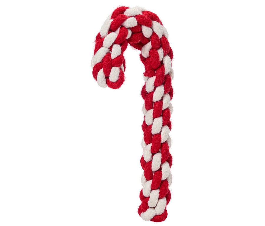 Piros-fehér kötélből készült, cukorbot alakú kutyajáték fehér háttéren.