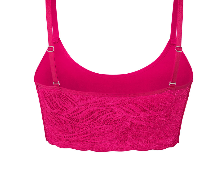 Fukszia színű női seamless bustier melltartó hátulnézete csipkével és állítható pántokkal.