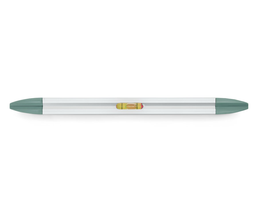 Ezüst színű mágneses vízmérték olívazöld végekkel.