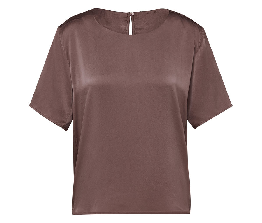 Barna, rövid ujjú szatén blúz.