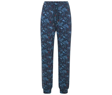 Kék színű, fa- és szarvasmintás jogging alsó.