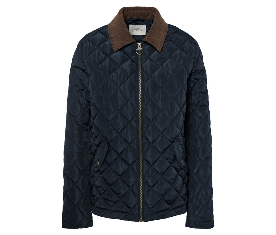 Sötétkék, steppelt dzseki barna kordbársony gallérral és arany cipzárral.