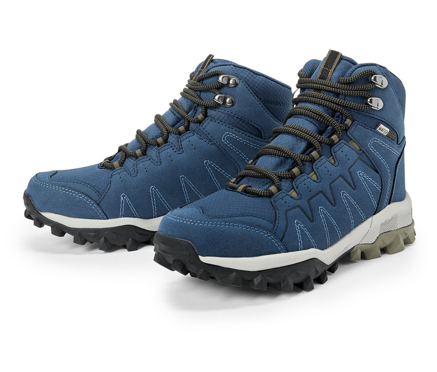 Két kék túrabakancs szürke fűzővel és fekete talppal.