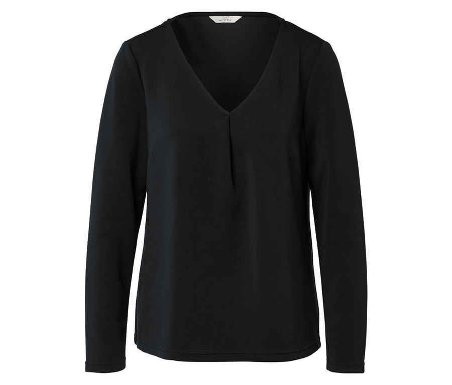 Fekete, hosszú ujjú, V-nyakú blúz.