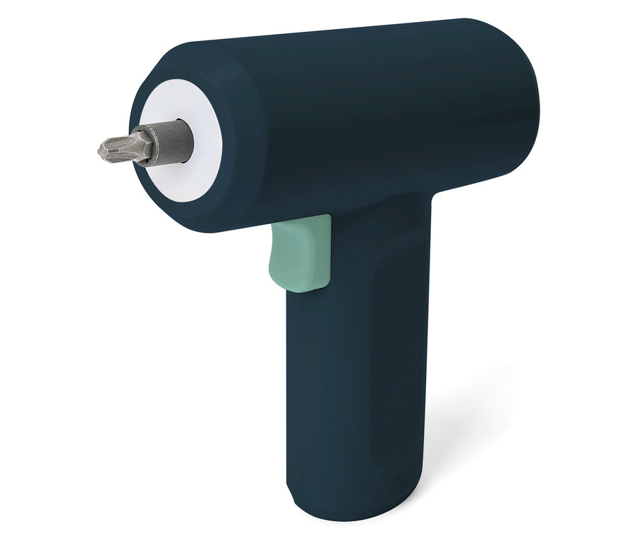 Kék, 3,6 V-os mini akkus csavarhúzó közeli képe.