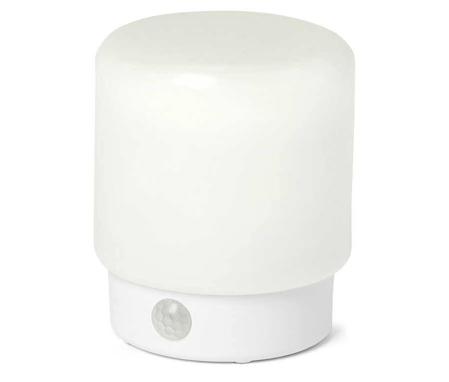 Egy fehér LED-Mini-Multifunktionslicht mit Bewegungsmelder.