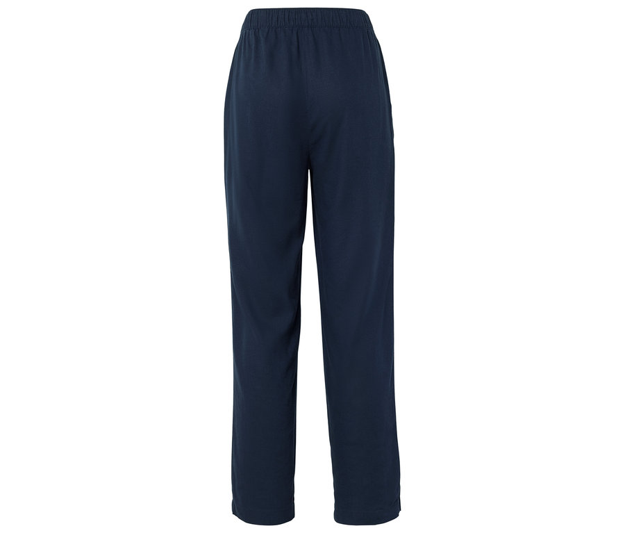 Sötétkék, hosszú nadrág gumis derékpánttal, hátulról fényképezve.