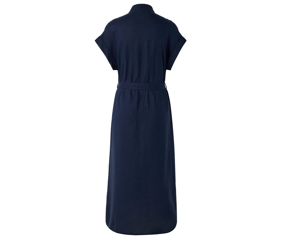 Sötétkék ingruha övvel, hátulnézetből.