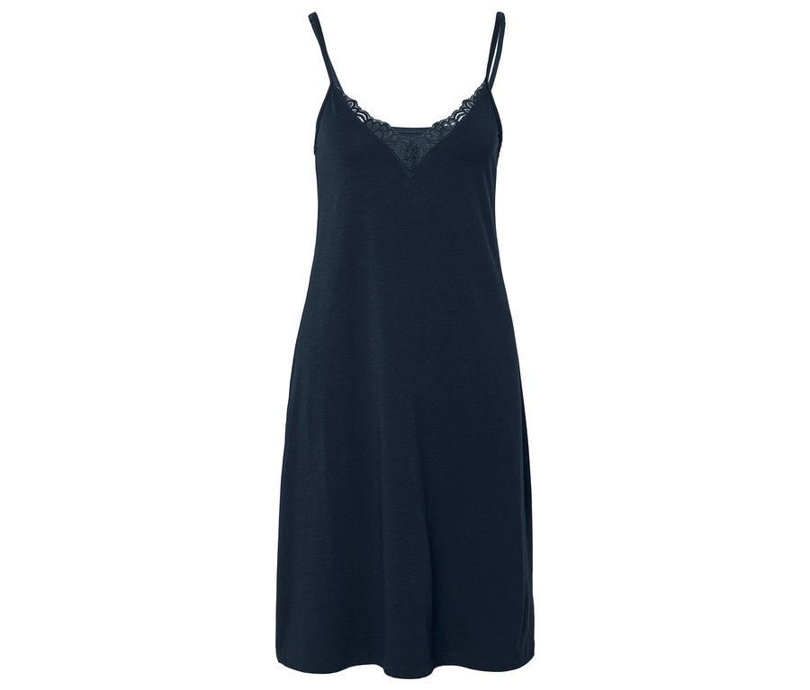 Sötétkék, ujjatlan hálóing csipkés nyakkivágással.