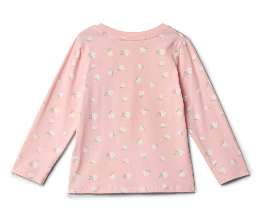 Világos rózsaszín, hosszú ujjú felső fehér virágmintával.