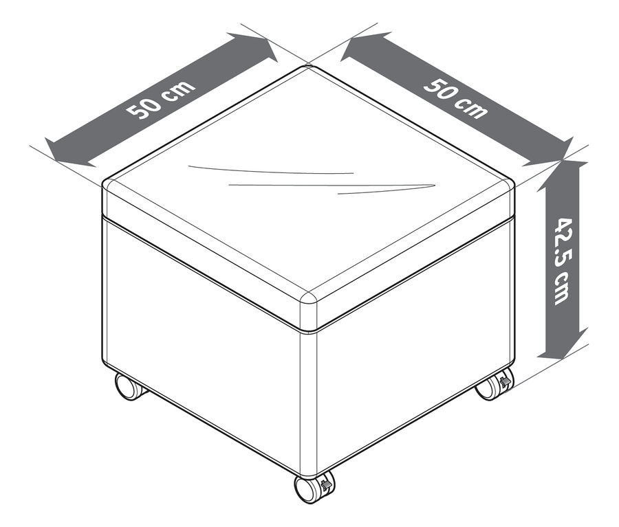 Felülnézet egy vázlatos puffról görgőkkel és tálcával, amely 50 cm x 50 cm széles és 42,5 cm magas.