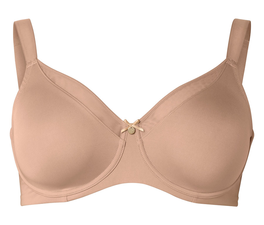 Egy testszínű, merevítős melltartó közelképe, középen kis masnival.