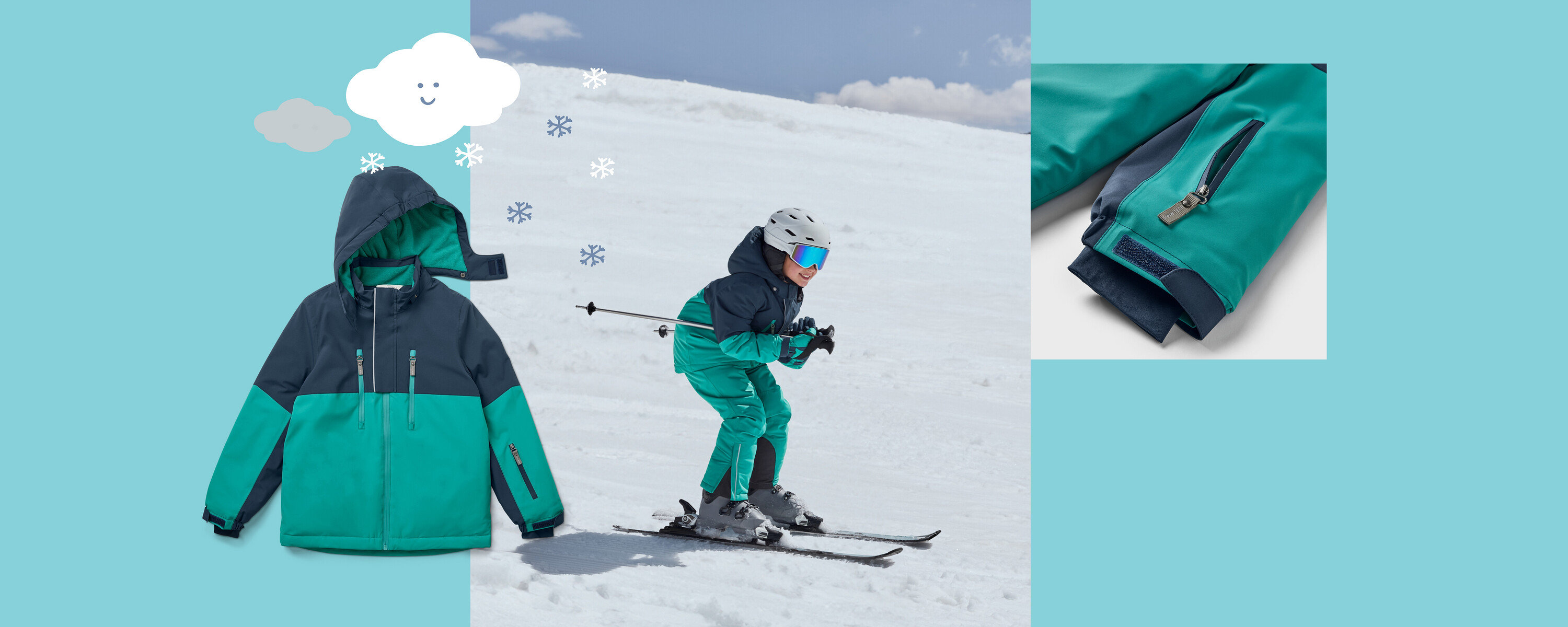 Egy gyermek síel egy havas lejtőn, kék-zöld kabátban és nadrágban. Bal oldalon egy kék-zöld kabát, jobb oldalon pedig egy ujjtasakrészlet látható.