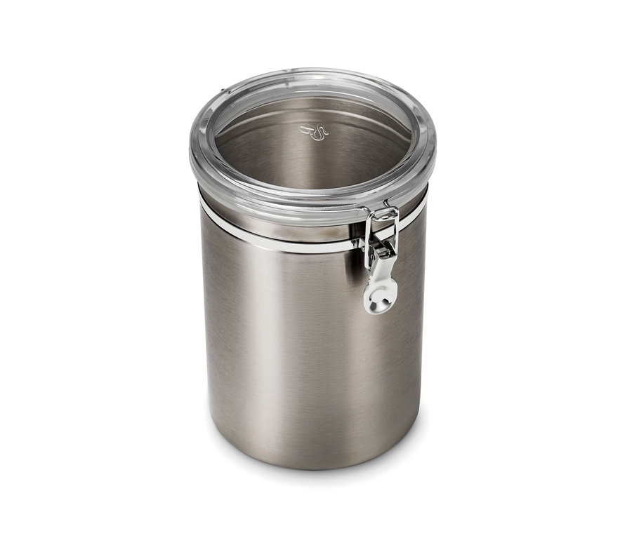 Egy 1 kg-os, rozsdamentes acélból készült aromatartó doboz áll fehér háttér előtt.