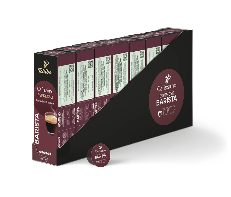 Egy sor Cafissimo BARISTA Espresso csomag, egyenként 80 kapszulával.