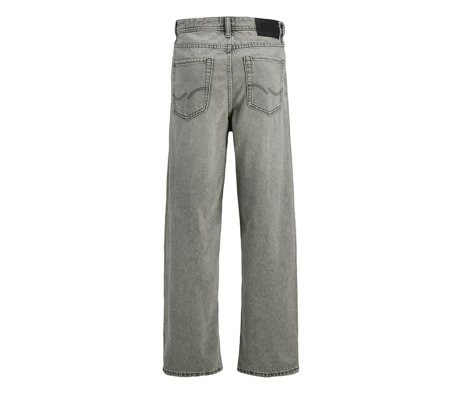 Szürke Jack&Jones JJOrginial Alex farmernadrág. Hátulnézet, két hátsó zsebbel, varrással és fekete márkajelzéssel a derékrészen. A farmer széles szárú.