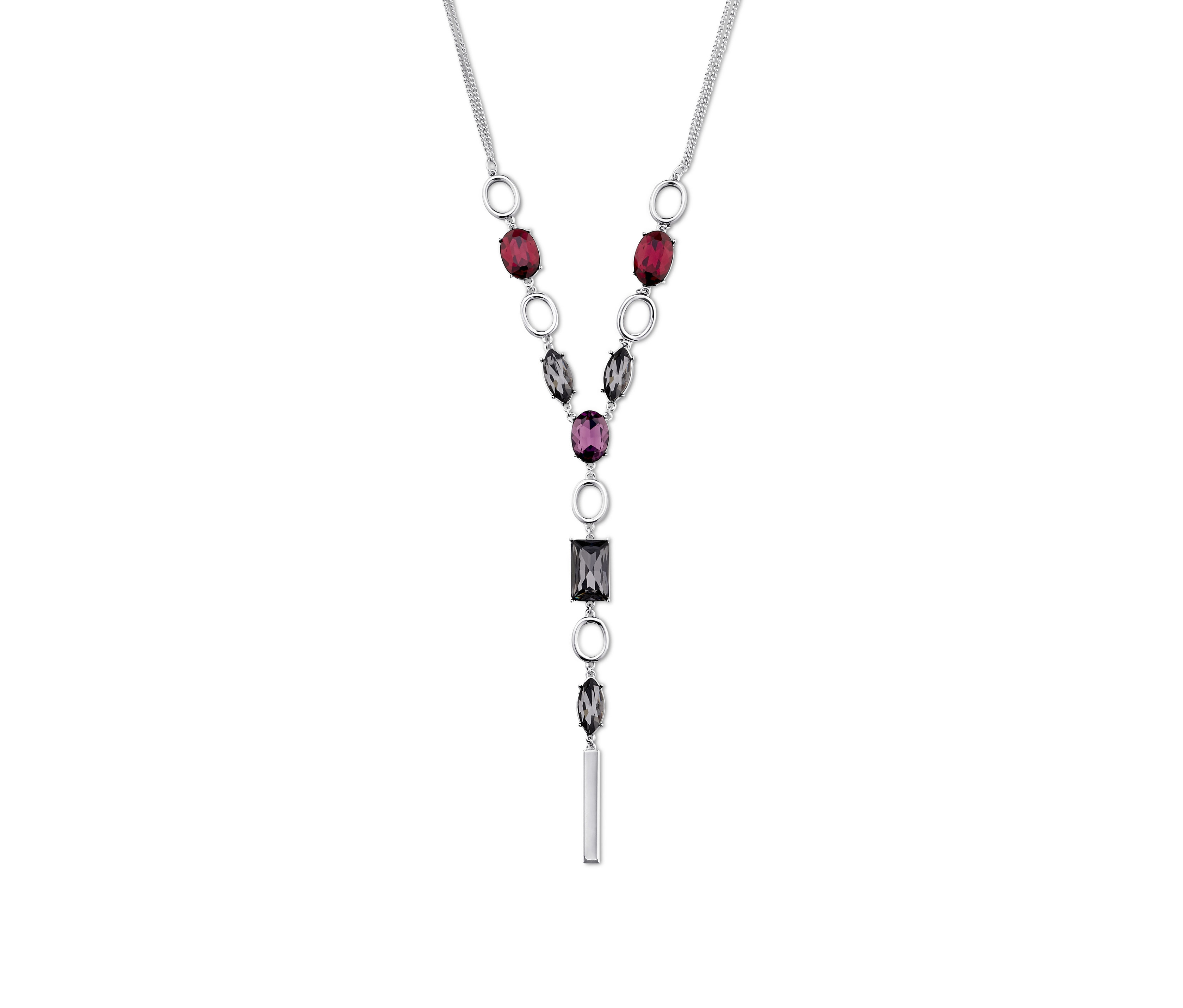 Ezüstszínű, üvegköves, Y alakú nyaklánc.