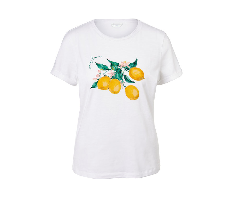 Fehér, citromos mintás női rövid ujjú felső.