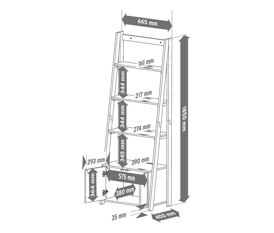 A fa/fehér létrapolc méretei, 2 ajtós résszel.