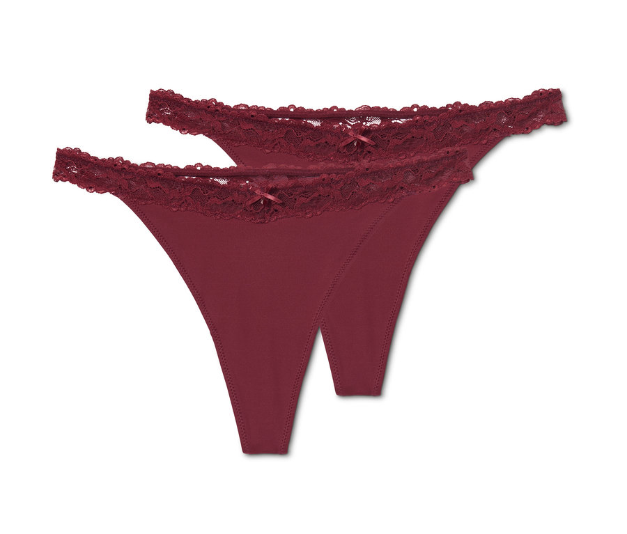 Két bordó, csipkés női tanga.