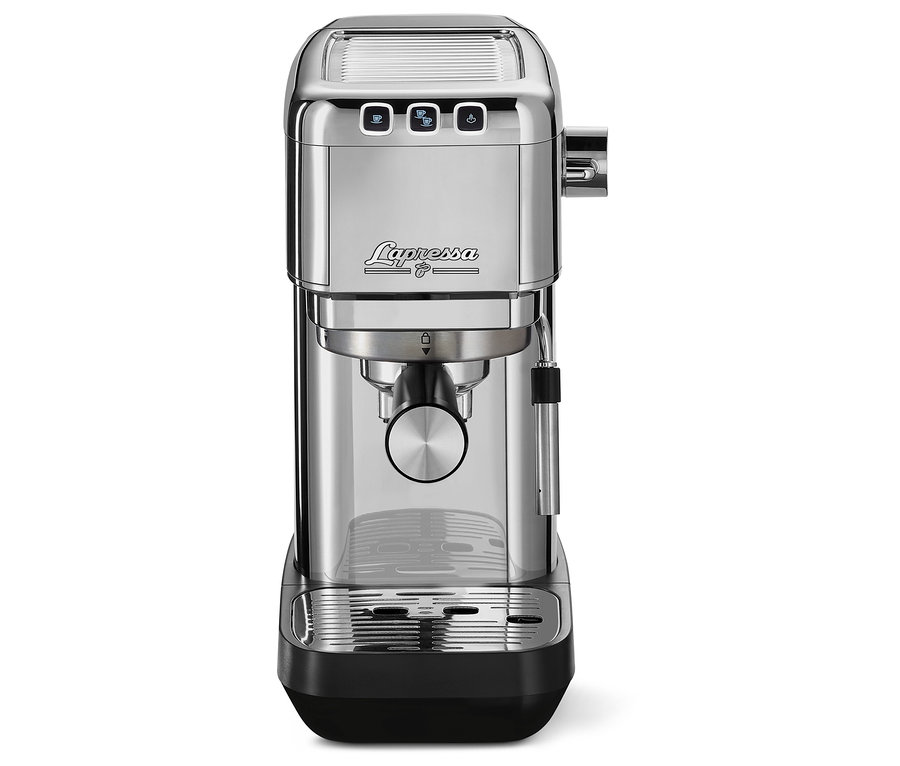 Egy ezüstszínű »Lapressa« karos eszpresszó kávéfőző.